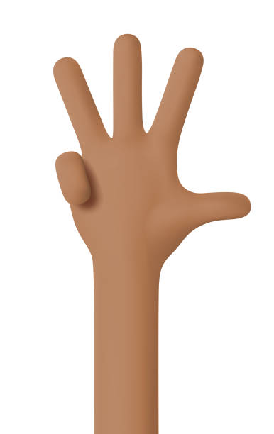 istock African American hand. Hand gesture number four. Counting on fingers. Thumb, index, middle, ring fingers are unclenched. Hand in 3D cartoon style isolated on white background. 3d vector illustration 1458793732