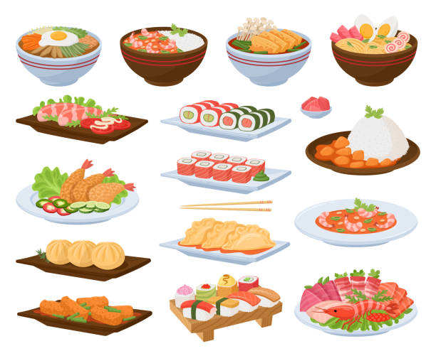 Cartoon asian food dishes. Japanese seafood, traditional asian cuisine, ramen soup, salmon, rice and tempura on plates flat vector illustration set. Tasty oriental seafood dish collection Cartoon asian food dishes. Japanese seafood, traditional asian cuisine, ramen soup, salmon, rice and tempura on plates flat vector illustration set. Tasty oriental seafood dish collection oriental food stock illustrations