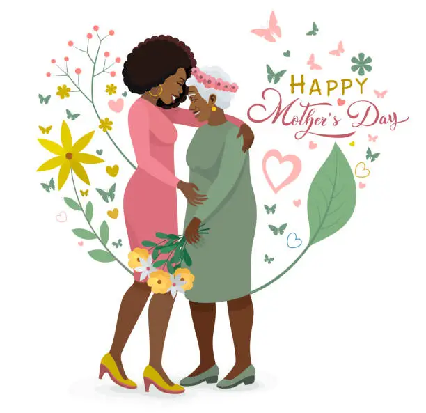 Vector illustration of Happy mother's day. African American daughter hug her mother. Mom's love. Young woman bringing flowers to her mother