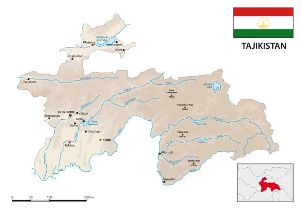 Vector illustration of Physical vector map of Central Asian state of Tajikistan with flag