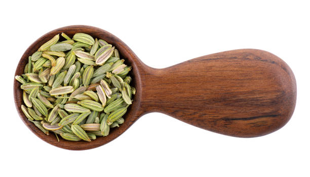 graines de fenouil dans une cuillère en bois, isolées sur fond blanc. grains de fenouil verts. épices et herbes. vue de dessus. - cardamom seed plant isolated photos et images de collection