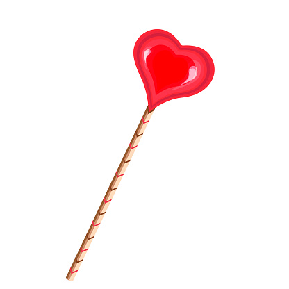 Red lollipop on a stick in the shape of a heart.Vector illustration for Valentine's Day and other holidays.