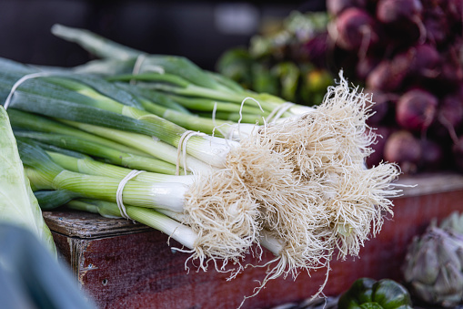 Spring onions or scallops for sale on a Farmers market at the Öland Skördefest in Sweden. The spring onions are centered in the photo and are faced with the roots towards the camera. The are laied on top of  a rustic wooden box. Natural light.