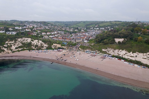 Beer fishing village and beach Devon England drone aerial view