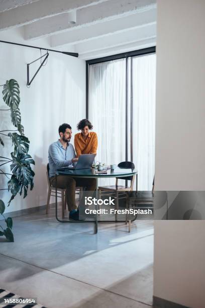Two Colleagues Cooperating At Work Stock Photo - Download Image Now - Mentorship, 30-39 Years, 35-39 Years