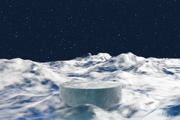 istock 3d render platform and ice podium background on ice snow mountain with snow covered ground backdrop stars at night for product display advertising cosmetic or skincare with empty round stage 1458807467
