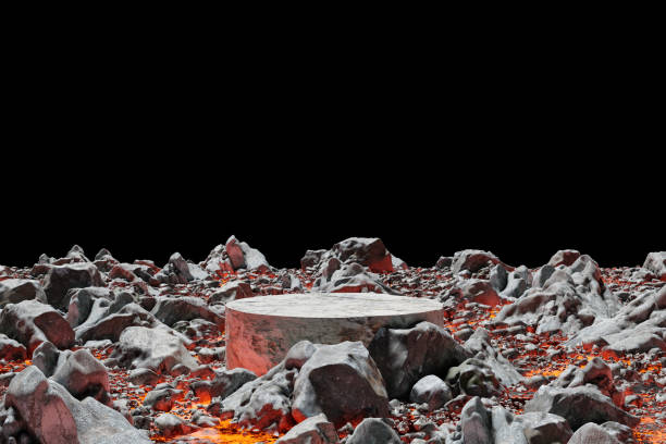 istock Abstact 3D render Platform backgrond, Stone podium on the lava and magma with rocks smelt in volcano for product display, Blank showcase, mock up presentation or etc 1458807546
