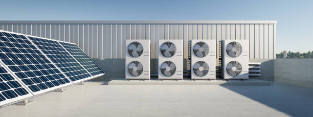 istock 3d rendering of photovoltaic cell on solar panel, condenser unit or compressor on rooftop. Eco building with system technology for future. To generate electrical power or direct current electricity. 1458807787