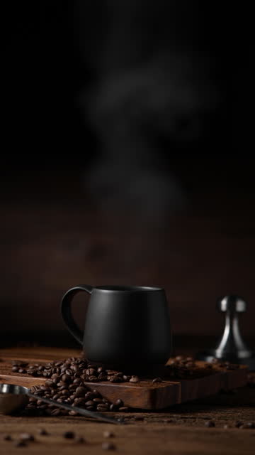 Coffee cup with smoke and coffee beans on old wooden background