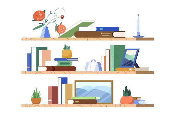 Vector illustration of Flat colorful books and plants stand on bookshelf