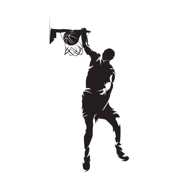 농구 선수, 슬램 덩크, 고립 된 벡터 실루엣, 잉크 그리기 - basketball basketball player slam dunk making a basket stock illustrations