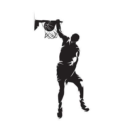 Basketball player, slam dunk, isolated vector silhouette, ink drawing