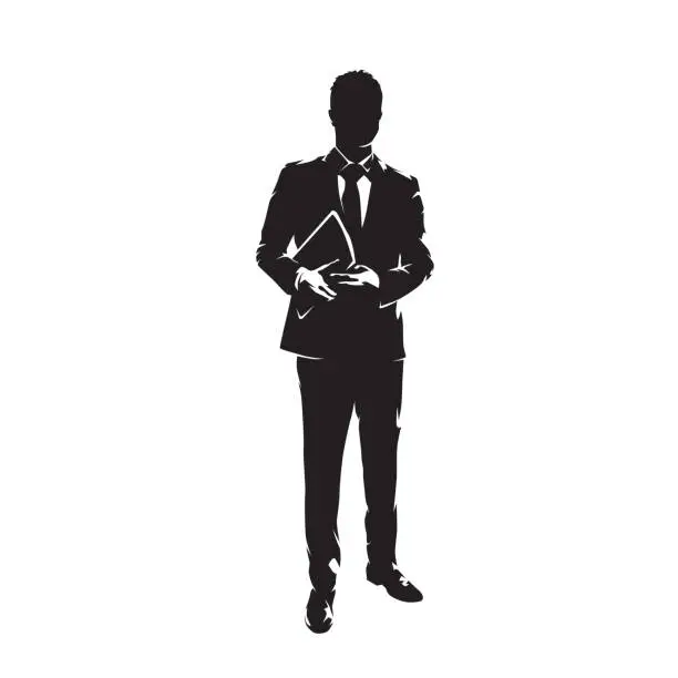 Vector illustration of Businessman standing in suit and holding documents, isolated vector silhouette, ink drawing