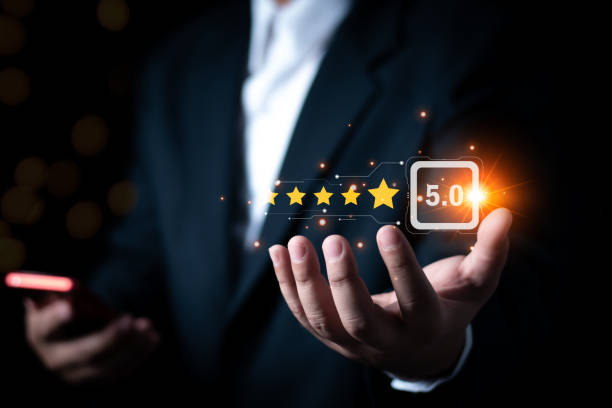 istock Customer Experience Concept, Best Excellent Services for Satisfaction present by Opened Hand of Client giving a Five Star Rating 1458814152
