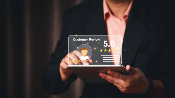 istock Customer Experience Concept, Best Excellent Services for Satisfaction present by Opened Hand of Client giving a Five Star Rating 1458814156