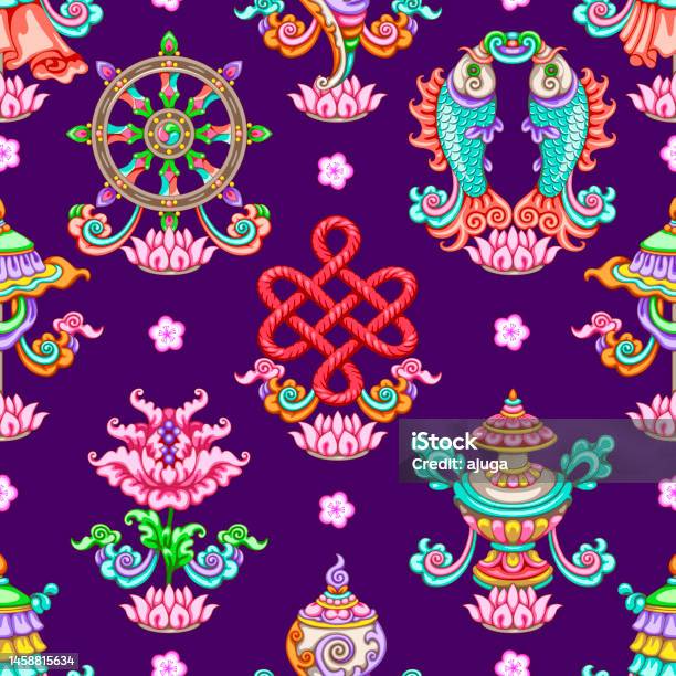 Buddhist Pattern Insects Buddhism Eight Symbols Seamless Pattern Stock Illustration - Download ...