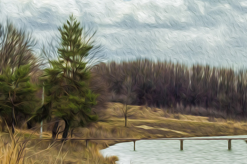 Original painting by photographer of Texas bluebonnes alongside a road with pond in background.