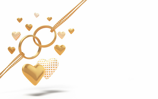 3d Render Gold Wedding Rings attached to chain & Heart Ornaments, For Engagement, Wedding, Love and Valentine's Day Concepts (İsolated on white & Clipping path)