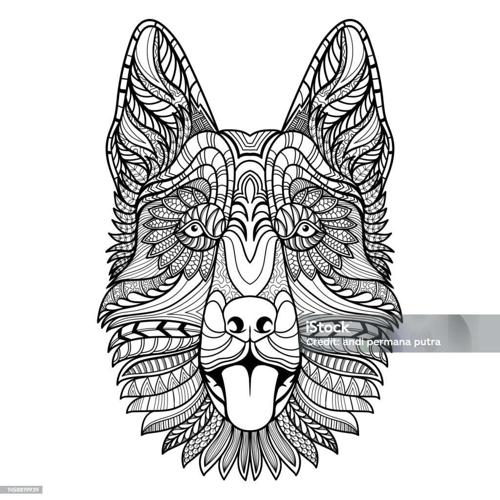 German Shepherd Dog Head Mandala Coloring Page Illustration Stock