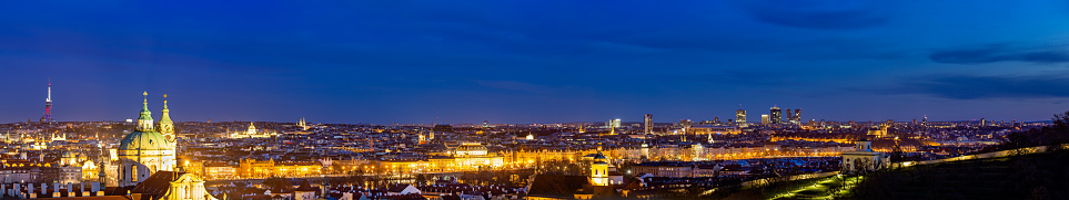 Panoramic view of Prague from the Castle during the blue hour of a clear winter day