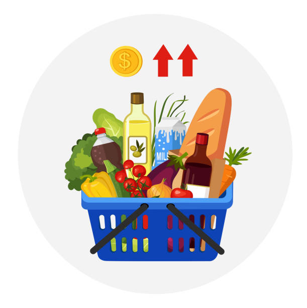 The rise in prices for products. grocery set, food basket. Food prisis.The rise in prices for products. Shopping cart, food basket. Set for grocery shopping. budget cuts stock illustrations