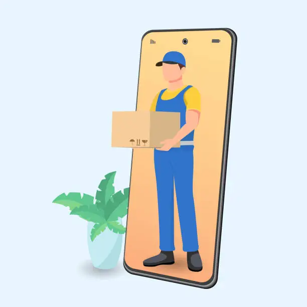 Vector illustration of Online food delivery design. Young courier delivering box order. Cartoon vector illustration.