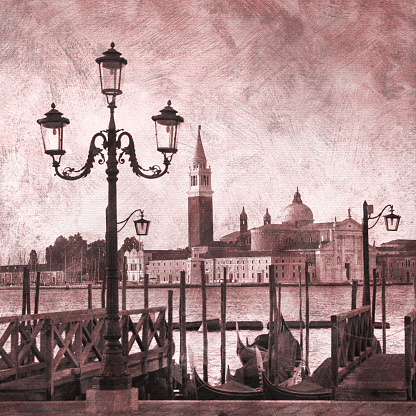 Gondola at St Marks Square Venice Italy in the morning looking towards Lido - Photo printed on artist´s Canvas with brush strokes