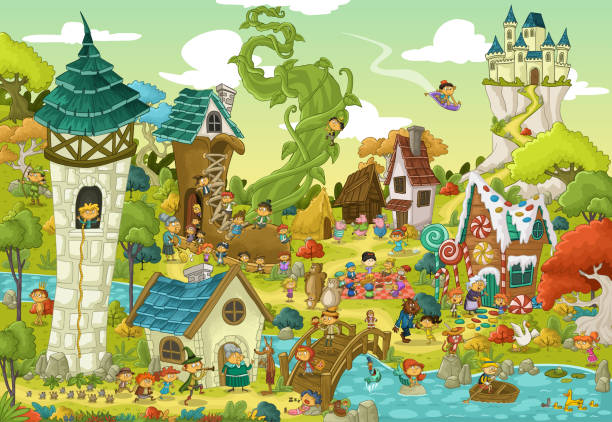 Magic world with fairy tale characters. Magic world with fairy tale characters. Cartoon fantasy background village. pinocchio illustrations stock illustrations