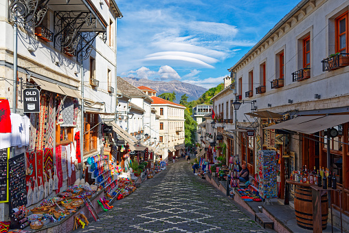 Girocaster, Albania – Nov 4, 2022: Old town of Gjirocaster with traditional shops