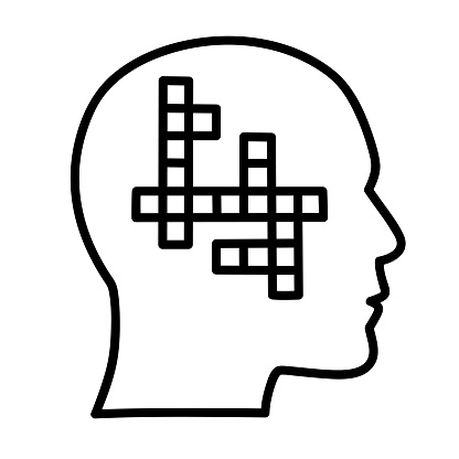 Vector illustration of a hand drawn black and white crossword puzzle inside the silhouette of a man's head against a white background.