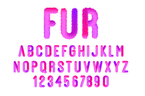 Cute pink fur font alphabets in capital letters from A to Z and numbers from 1 to 0. Furry letter with fine detailed in vector format.