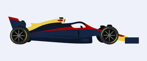 Vector illustration of Dark blue sports car stands. Race open-wheel single-seater, Grand Prix. Side view of the car. isolated object.