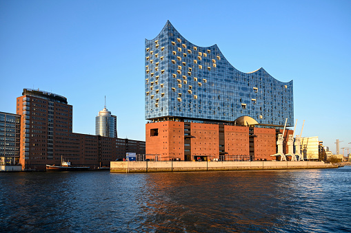 Hamburg, Germany - March 19, 2022: Elbphilharmonie, designed by the Swiss architectural firm Herzog & de Meuron.