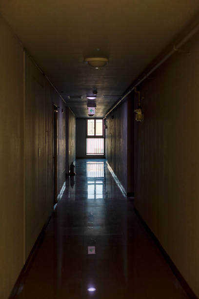 istock Emergency exit sign at the hallway of building 1458834879