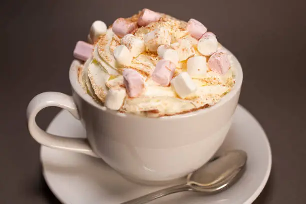 Hot Chocolate with Cream and Marshmallows on grey background.