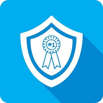 Vector illustration of a shield with number 1 ribbon icon against a blue background in flat style.