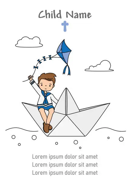 Vector illustration of Card my first communion. Boy in paper boat with a kite
