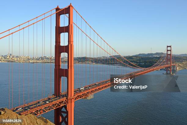 San Francisco And Golden Gate Bridge From Marin Headlands California United States Autumn Evening Stock Photo - Download Image Now