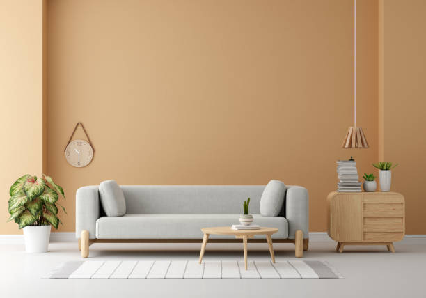 istock Gray sofa in brown living room with copy space for mock up, 3D rendering 1458843222