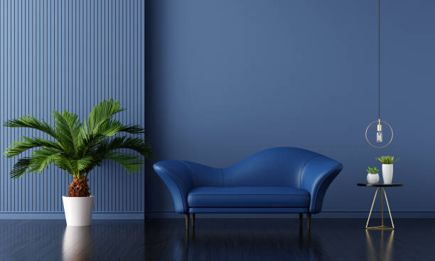 istock Blue sofa in blue living room with copy space for mock up, 3D rendering 1458843223