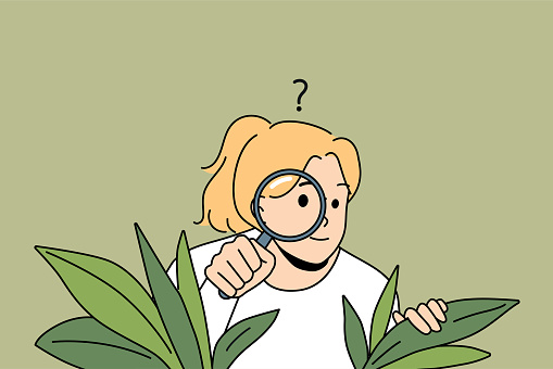 Curious young woman with magnifying glass hide in bushes spy after people or neighbors. Suspicious girl feel confused and doubtful look with magnifier. Vector illustration.