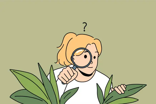 Vector illustration of Curious woman with magnifier hide in bushes