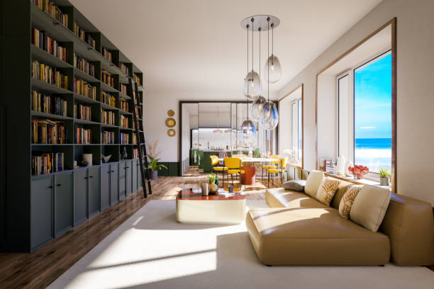 Modern European house on the beach. 3D generated image.