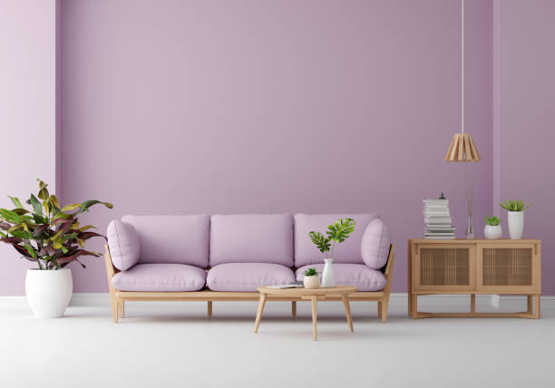 istock Sofa in purple living room with copy space for mock up, 3D rendering 1458843838