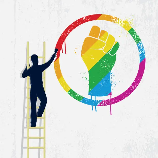 Vector illustration of Man on a ladder painting gay rights icon on a grunge wall