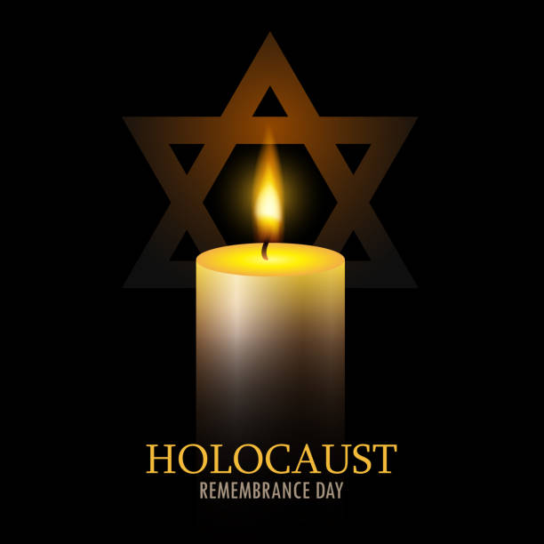 istock International holocaust remembrance day. One burning candle and star of David on black background. 1458843878