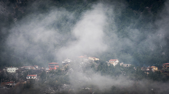 Fog in the morning at a village at Anatolian Taurus Mountains Akseki Alacesme ,Turkey