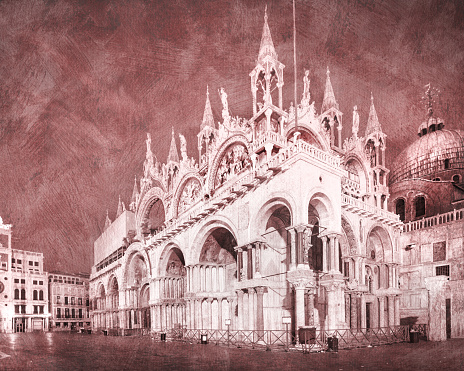 Cathedral St Marks Square Venice Italy in the morning - Photo printed on artist´s Canvas with brush strokes