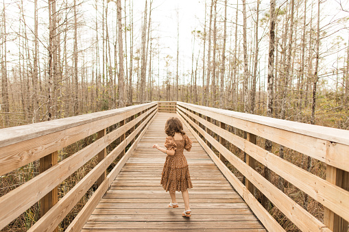 A Cute Cuban-American 3-Year-Old Toddler Girl with Brown Curly Hair & Brown Eyes Dressed in a Golden Brown & White Floral Dress with White Sandals Standing on a Light-Colored Wood Boardwalk in a Dry Forest in the Winter of 2022