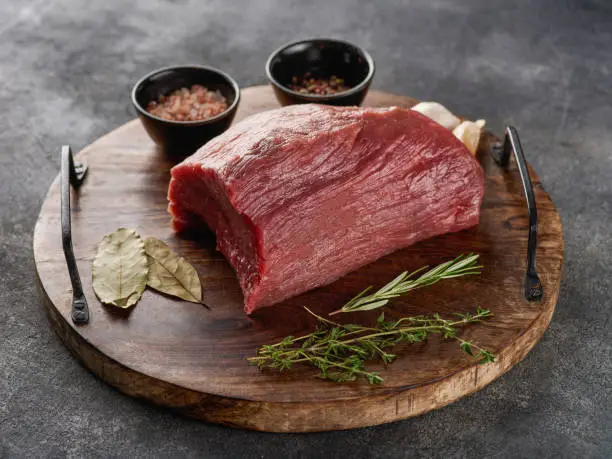 Piece of raw rump steak prepared with spices on wooden board over grey background